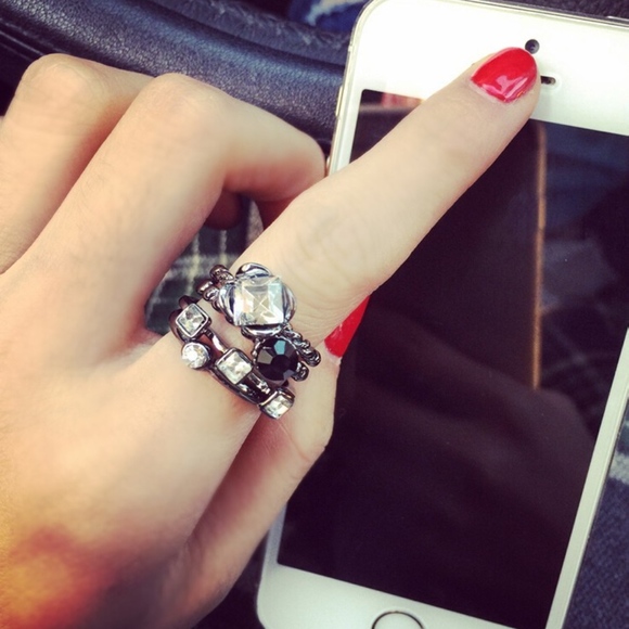 Gunmetal Crystal Midi Stacked Antique Silver Rings - Picture 3 of 8